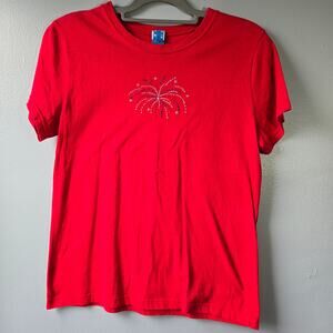4th of July Fireworks Red Short Sleeve Embellished T-Shirt Women's Size L NWOT